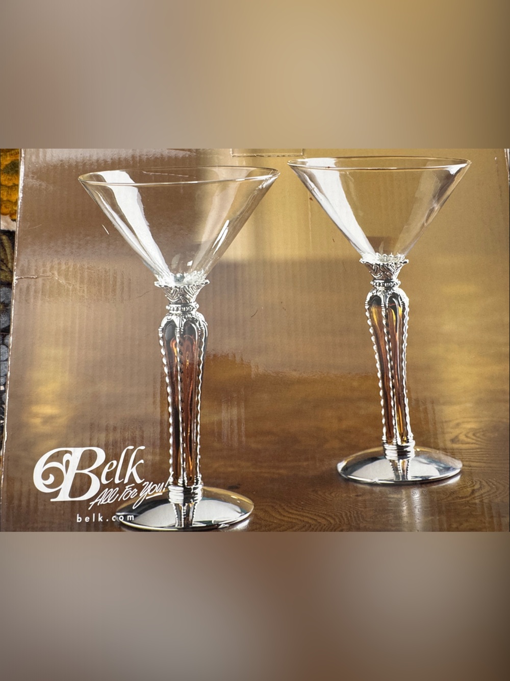 NIB Belk Vintage Glass Martini Set with Silver Plated and Amber Stems (Set of 2)